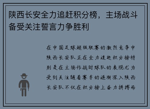 陕西长安全力追赶积分榜，主场战斗备受关注誓言力争胜利