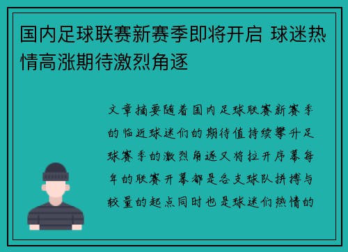 国内足球联赛新赛季即将开启 球迷热情高涨期待激烈角逐